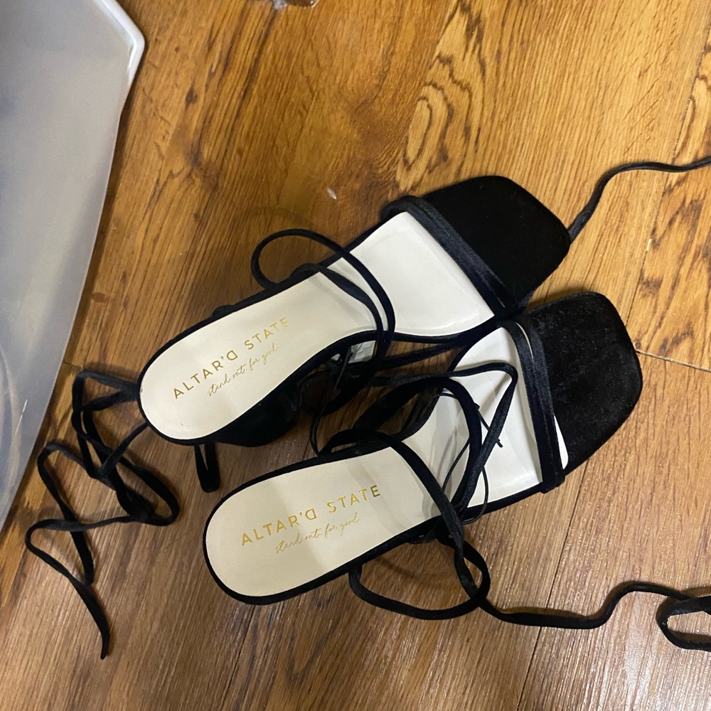 Altar’d State Black Strappy Lace Up Suede Block Heels
